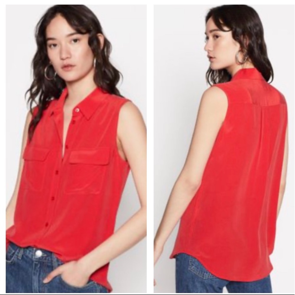 Equipment Sleeveless Slim Signature Red Silk Shirt
